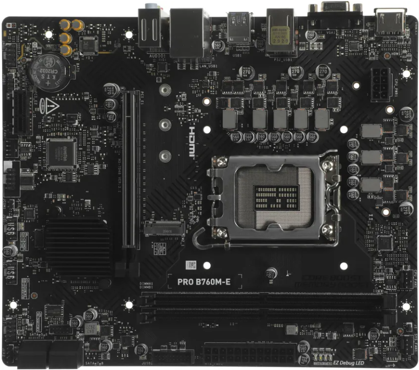 Материнская плата MSI PRO B760M-E DDR4 Retail (Intel B760, S-1700, mATX, 2xDDR4-4800*, 4xSATA600, 1xM.2, 1xPCIEx16, 1xPCIEx1, VGA/HDMI)